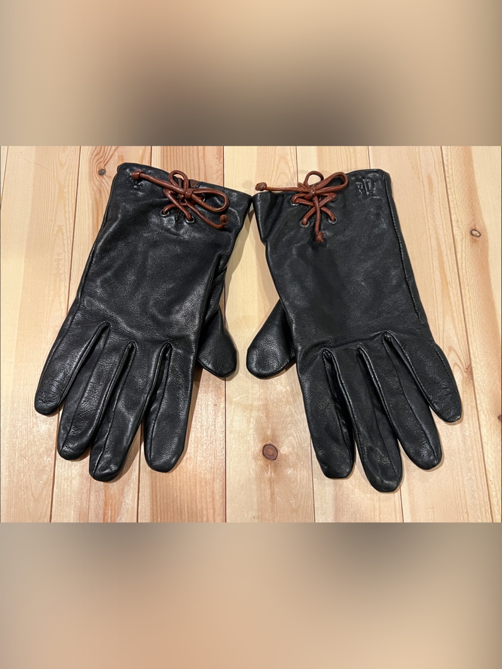 Lauren Ralph Lauren Black Leather Gloves with Brown Lace Tie